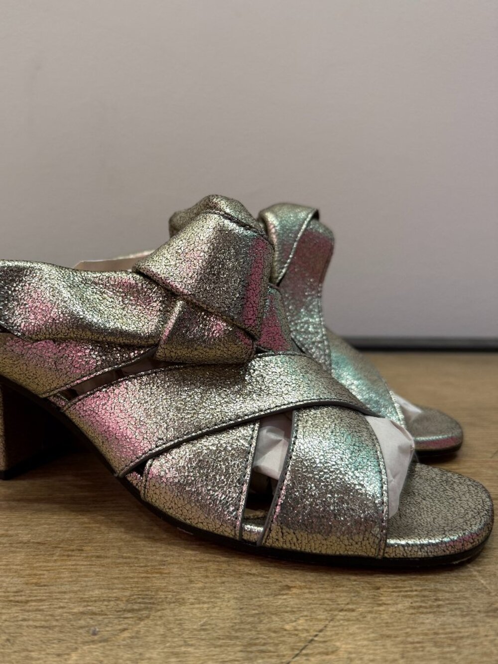 Chloe Silver Metallic Leather Rhinestone Crystal Block Heel Mule Slides 38.5 - Picture 2 of 14